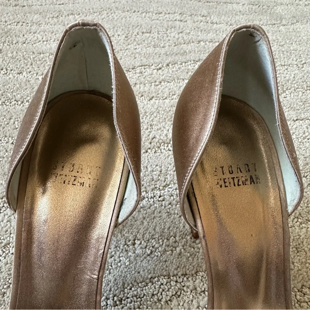 Stuart Weitzman Goodlife D’Orsay Jeweled Satin Open Toe Heel Pumps Sz Gold 8.5M